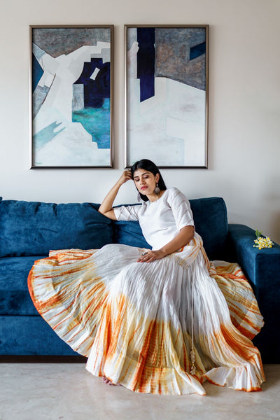 Two tone Bandhej Lehenga and Short Kurta Set