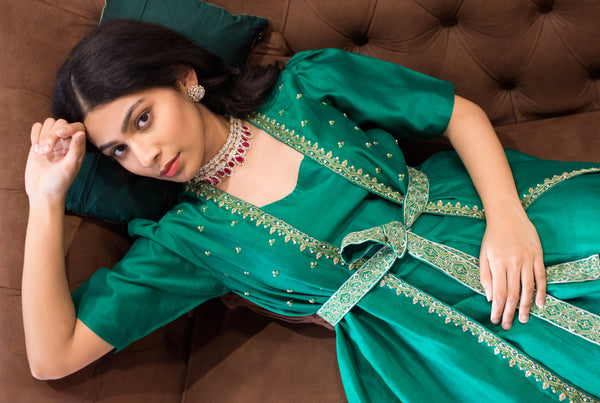 Emerald green anarkali and jacket