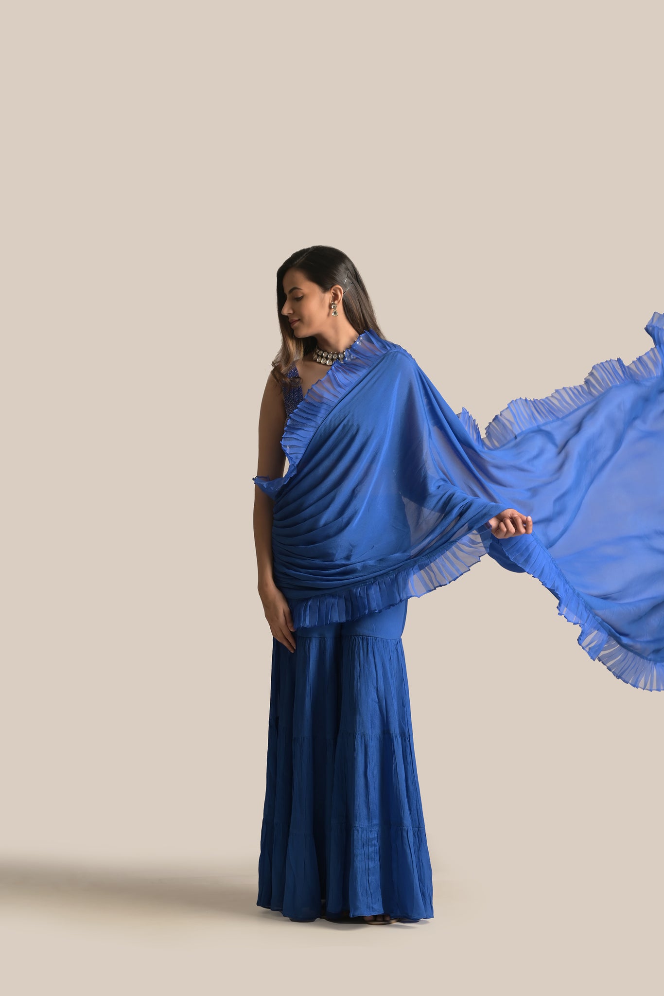 Hana Blue Pant drape saree set