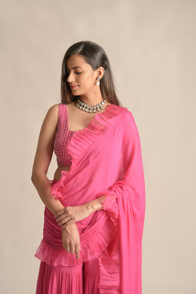 Hana Pink pant drape Saree set