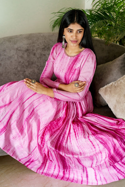 Fuchsia pink bandhej anarkali and churidar set