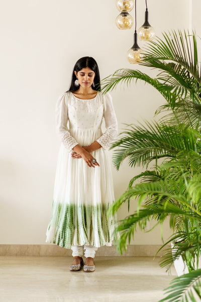 Off-white and olive bandhej anarkali set