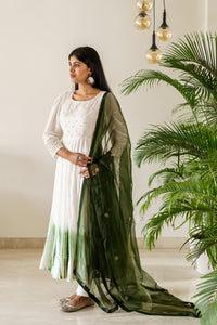 Off-white and olive bandhej anarkali set