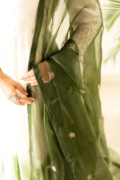 Off-white and olive bandhej anarkali set