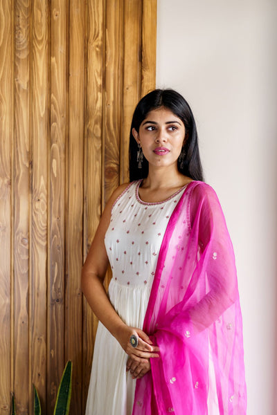 Pink and Off-white bandhej anarkali set