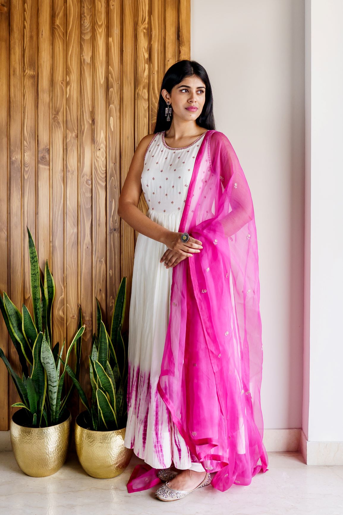 Pink and Off-white bandhej anarkali set