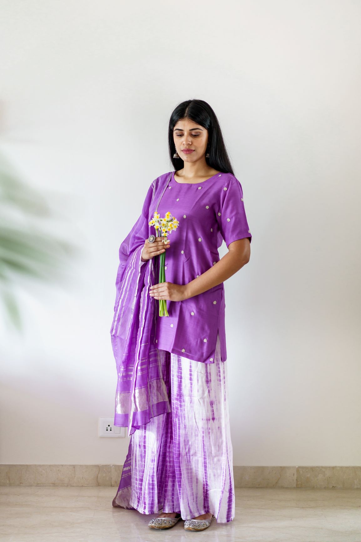 Purple bandhej kurta set