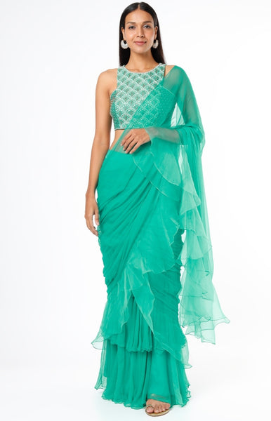 Teal drape saree